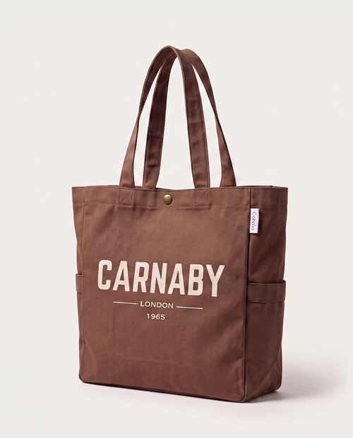CARNABY LONDON 1965 brown canvas tote bag, three-quarter angle view
